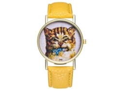Reloj De Pulsera Para Mujer Zhoulianfa Con Estampado De Gato, Estilo Moderno, Correa De Piel Sintética Amarilla.