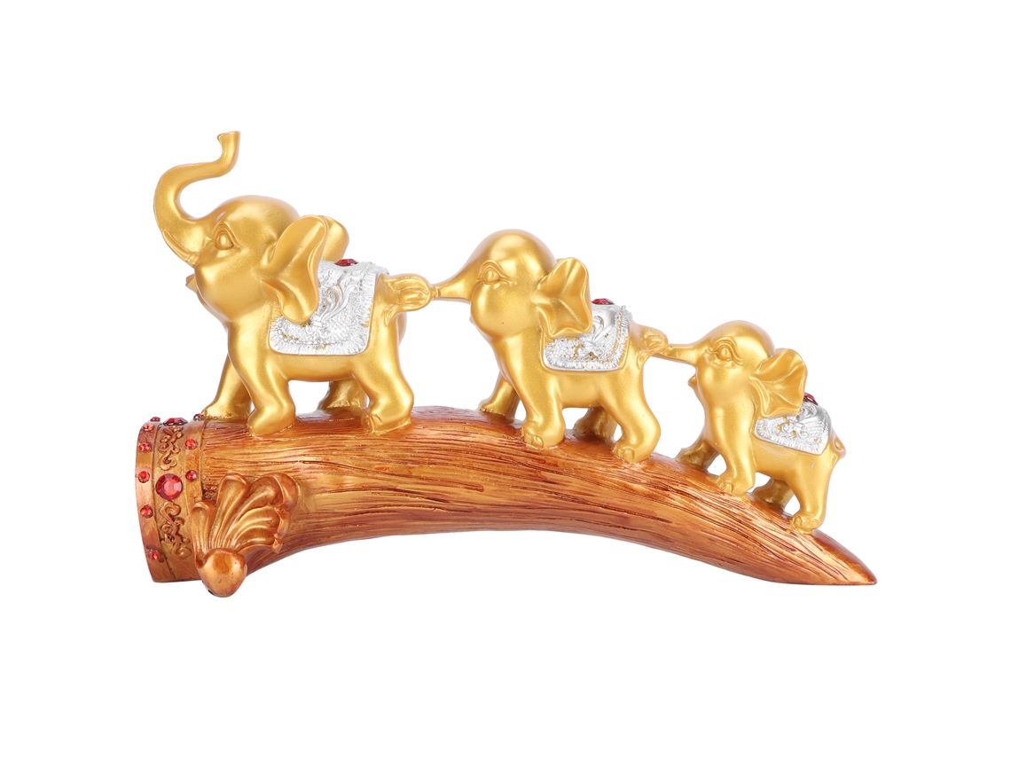 Estatua de elefante dorado en resina sintética para uso sobre mesa.
