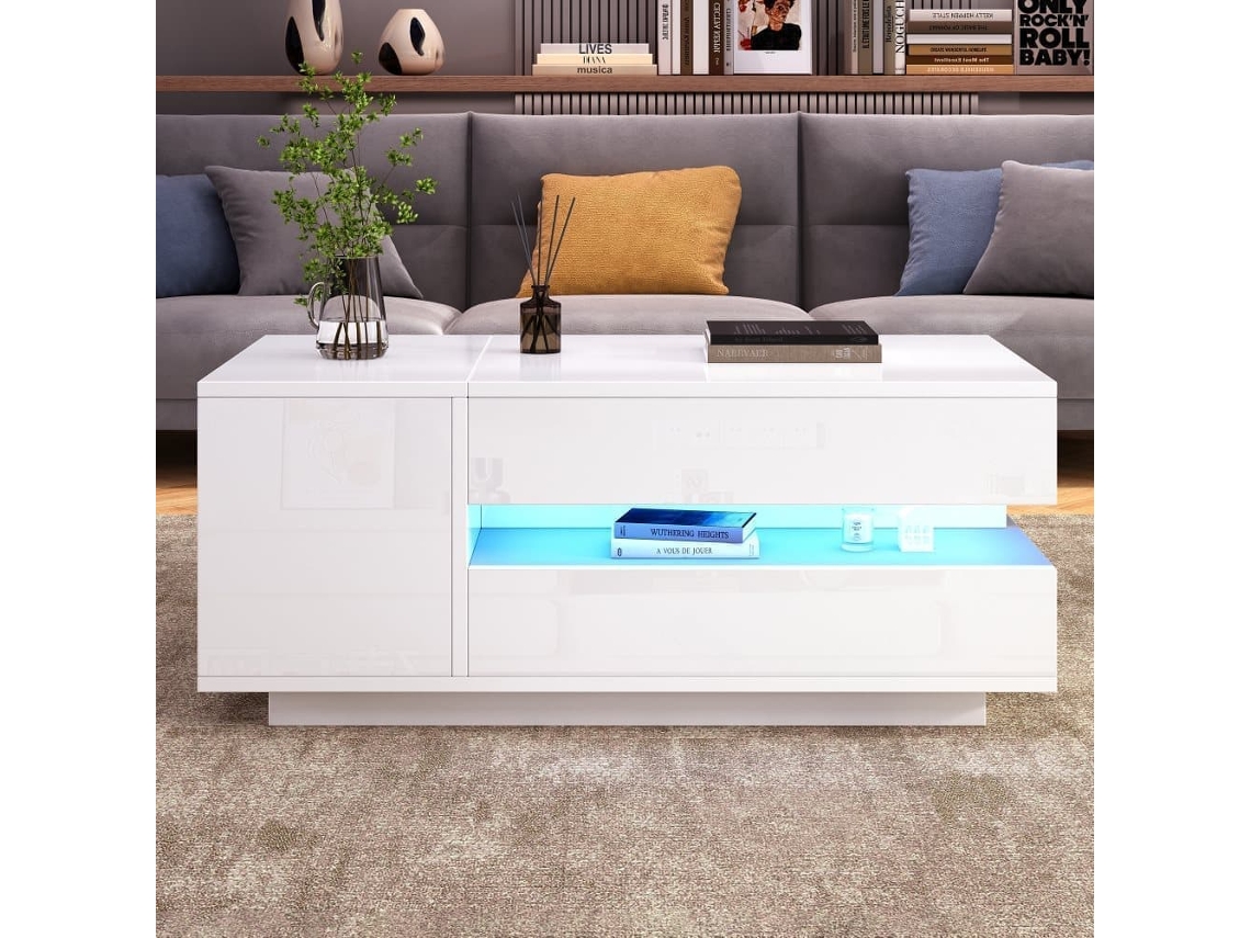 Mesa De Centro Elevable 95x50x40 Cm - Con Led, 1 Cajón, 1 Armario, Almacenamiento Oculto - Blanco