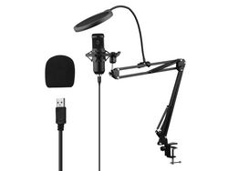 Juego de micrófono de condensador USB con abrazadera de montaje en escritorio, soporte de brazo de tijera, filtro pop, cable de montaje de choque, negro CHRUI