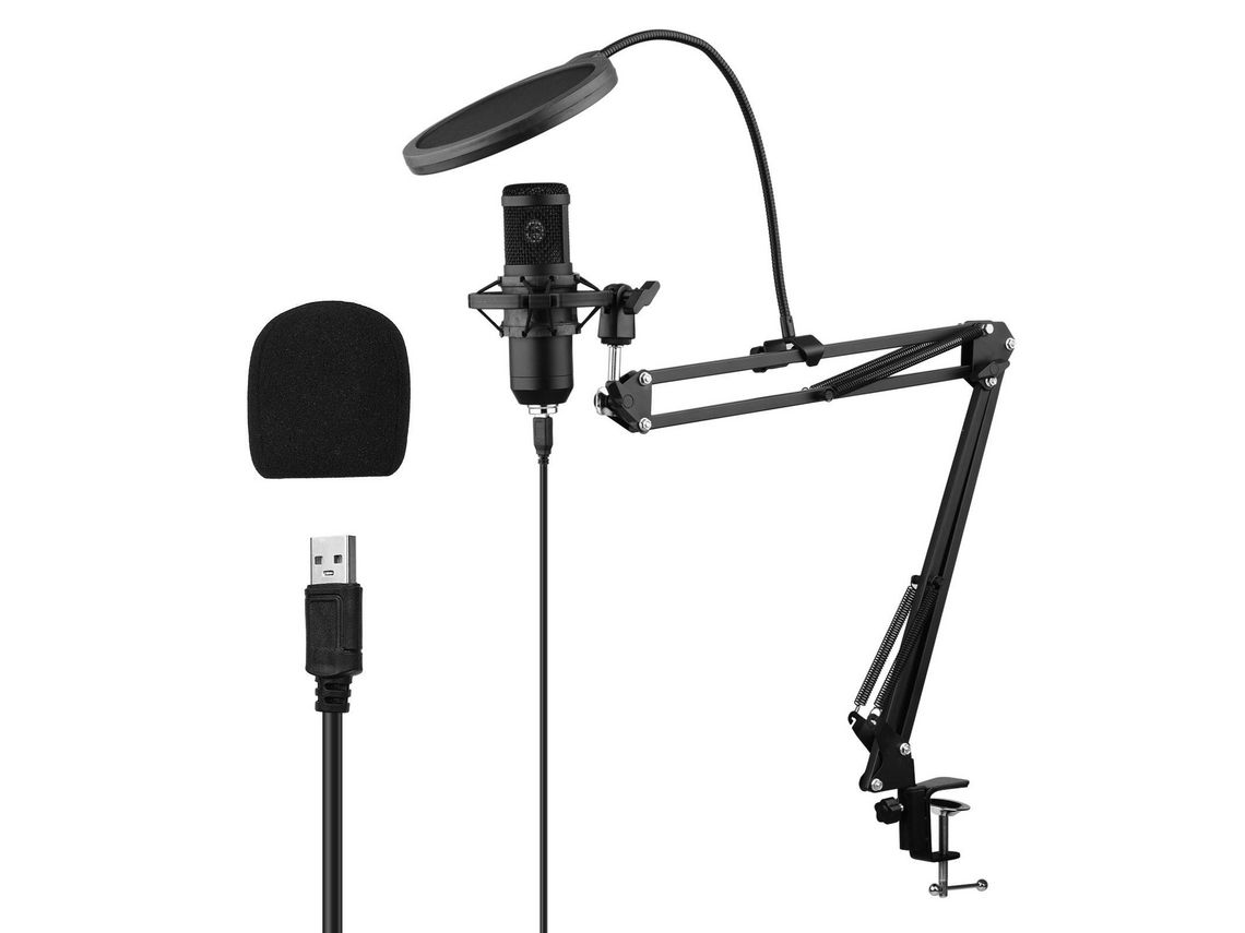Juego de micrófono de condensador USB con abrazadera de montaje en escritorio, soporte de brazo de tijera, filtro pop, cable de montaje de choque, negro CHRUI