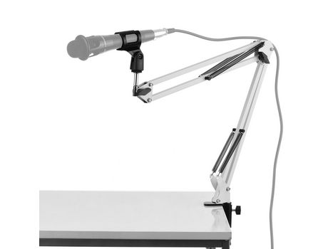 Soporte para micrófono, mesa, soporte perezoso con brazo extensible, Clip para micrófono blanco