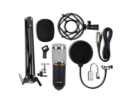 BM-800 Micrófono de Condensador Juego de Soporte de Tarjeta de Sonido USB para Radio Braodcasting Grabación de Canto (Negro) plata negro