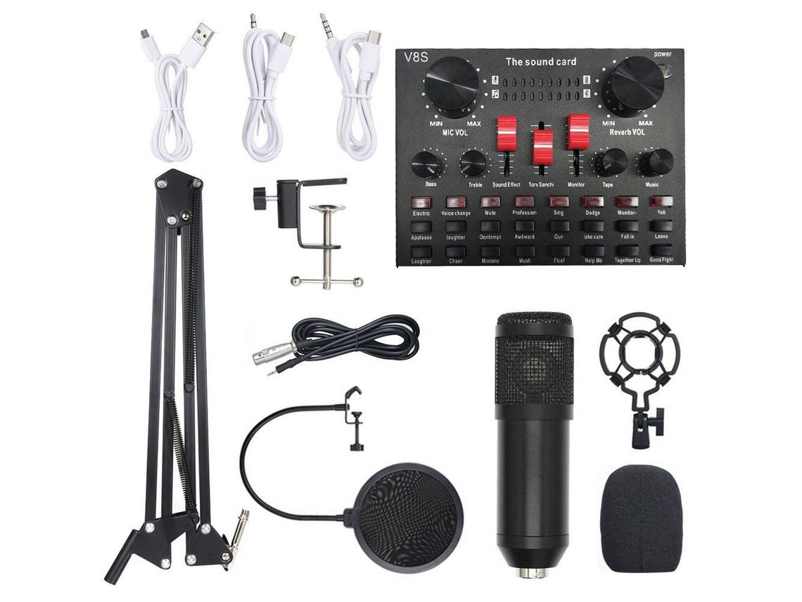 Tarjeta de sonido en vivo multifuncional Juego de micrófono Bm800 Equipo de grabación de audio Negro y dorado Negro CHRUI