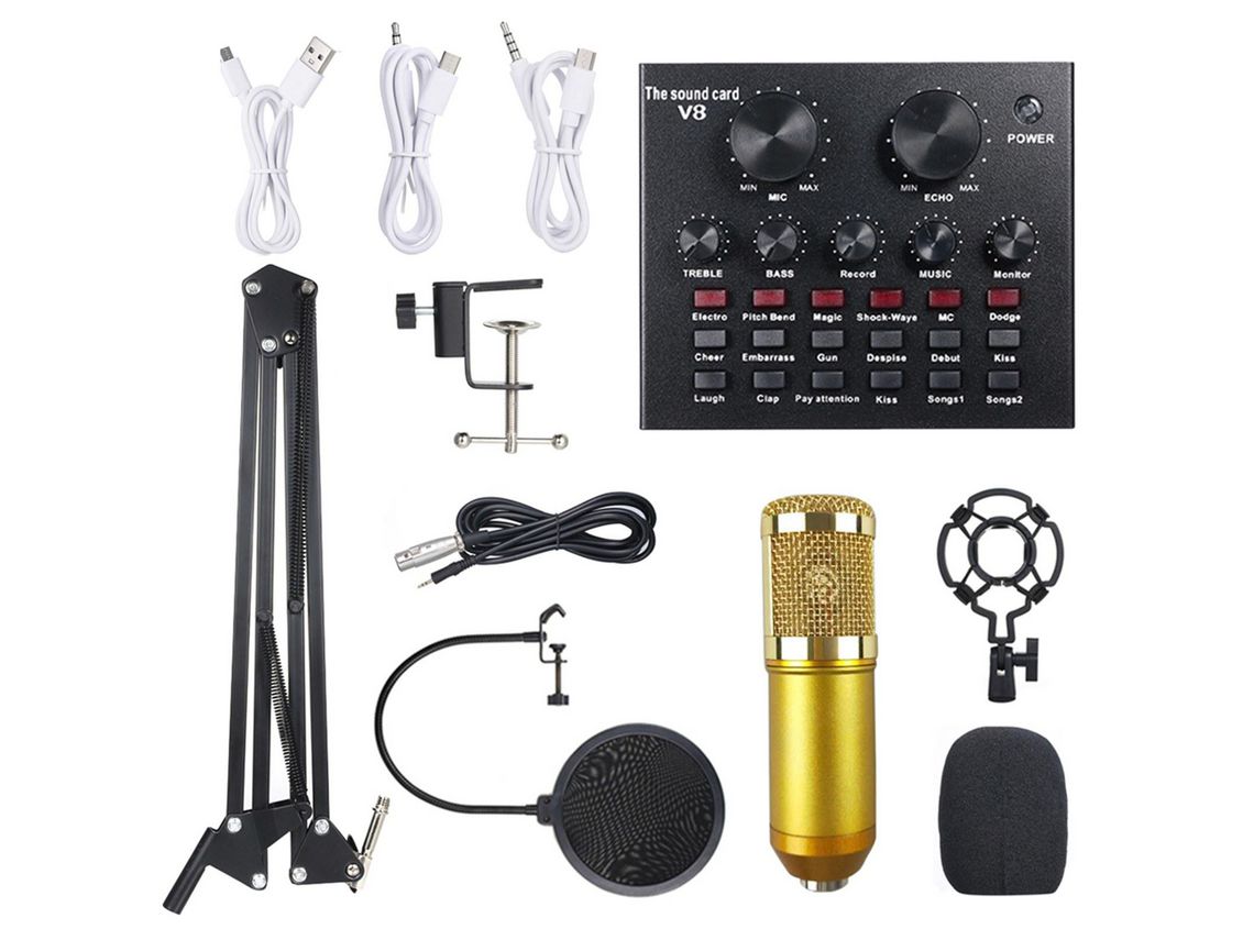 Placa De Som Multifuncional Ao Vivo E Kit De Microfone De Suspensão Bm800 Ouro