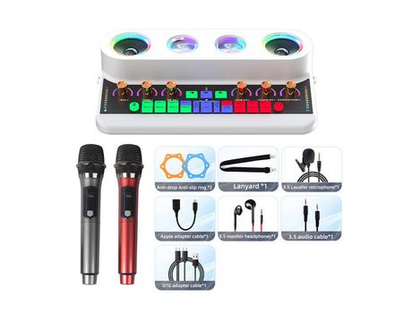 Tarjeta de sonido S20 y equipo de podcast de audio Máquina de karaoke portátil con 2 micrófonos blanco 1