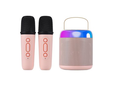 Micrófono portátil y caja de sonido, mini máquina de Karaoke, altavoz BT con 2 micrófonos rosa