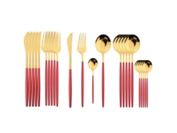 Juego de cubiertos de acero inoxidable de 24 piezas, que incluye cuchillo, cuchara y tenedor. MDUG (rojo y dorado)
