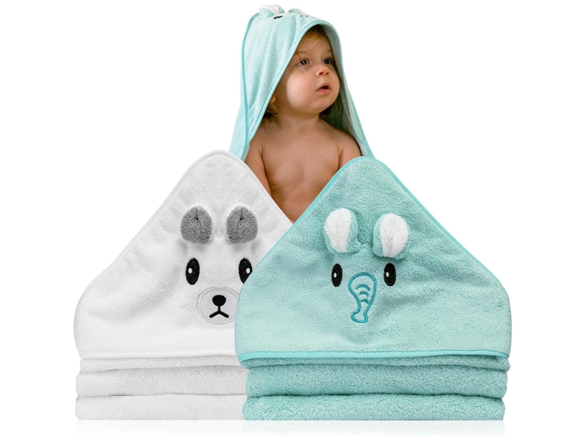 Toalla de baño para bebé con estampado de animales (2 piezas, blanco y gris, 80 cm x 80 cm)