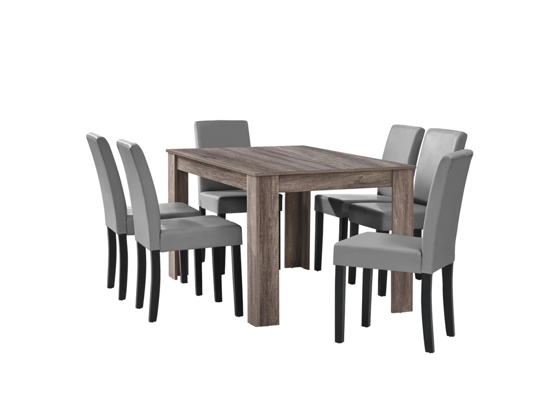 Mesa de comedor + 6 sillas Forssa MDF y polipiel 140x90x77cm - Roble antiguo + Gris claro [EN.CASA]