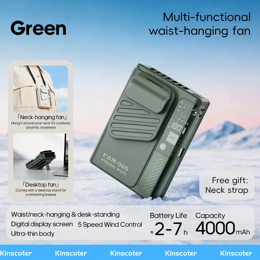 Ventilador Multifuncional De Cintura (verde), Batería De 4000 Mah, Cinco Velocidades De Viento, Con Pantalla Digital.