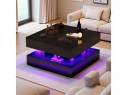 Mesa de Centro Cuadrada Negra Brillante, Diseño Moderno 78x78x43cm, LED RGB con App y Mando, 2 Cajones Presión, Almacenamiento Práctico