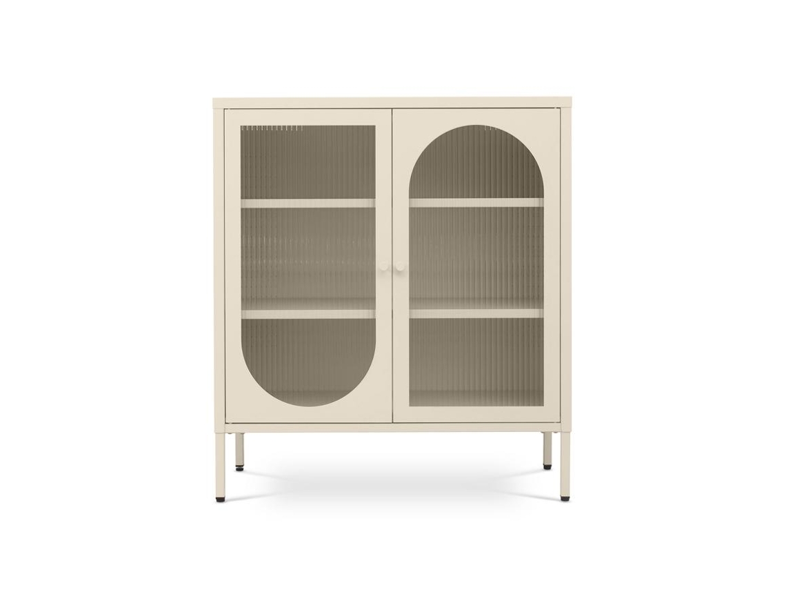Aparador De Metal 2 Puertas, Beige Y Vidrio Acanalado 80cm Kurt