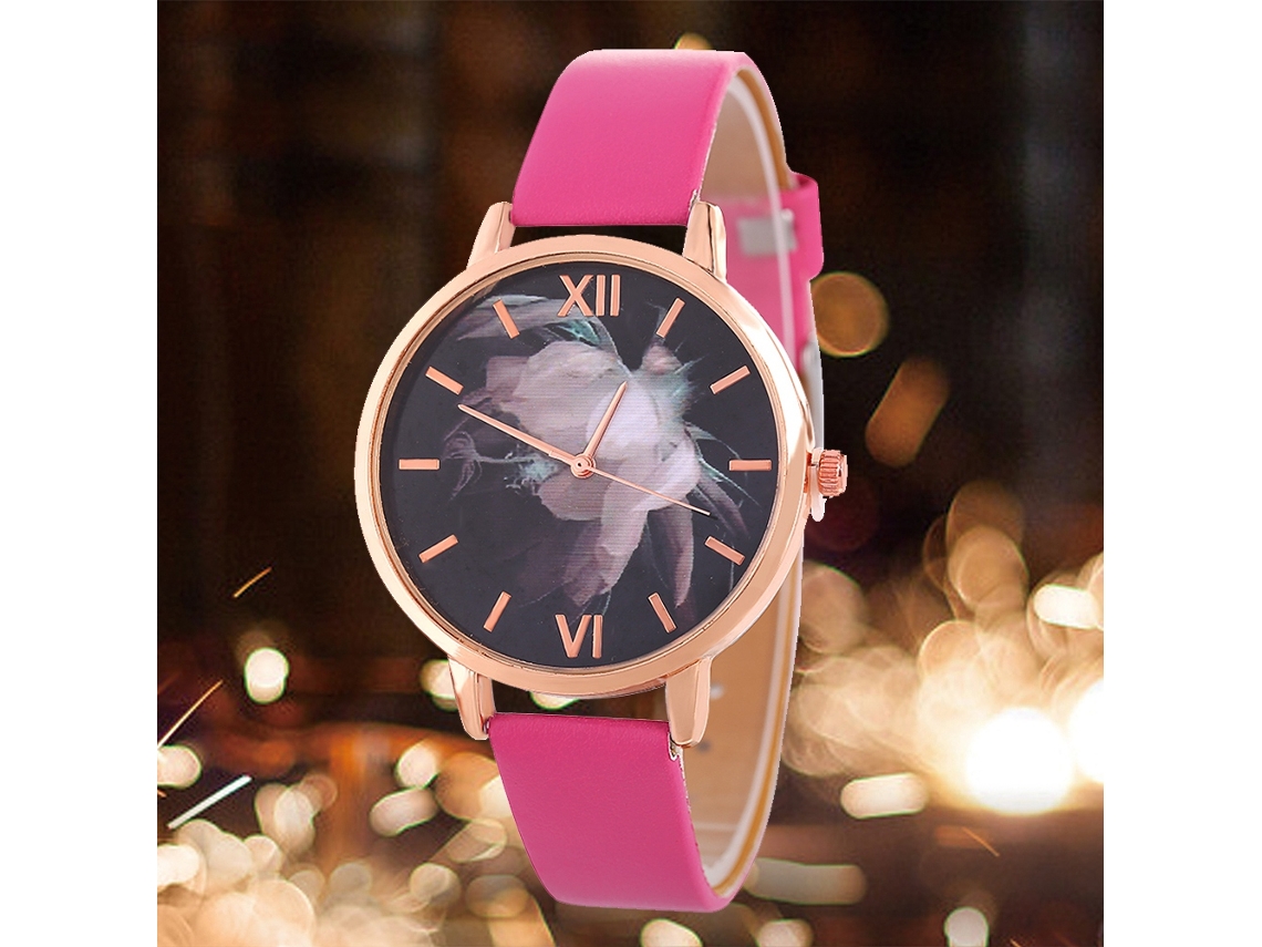 Elegante Reloj De Pulsera De Cuarzo Para Mujer Con Correa Informal De Piel Sintética Rosa Y Roja.