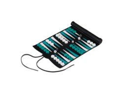 Relaxdays Backgammon, De Viaje, Enrollable, Incluye Accesorios, 30 X 24,5 Cm, Efecto Cuero, Juego Mesa, Negro/turquesa