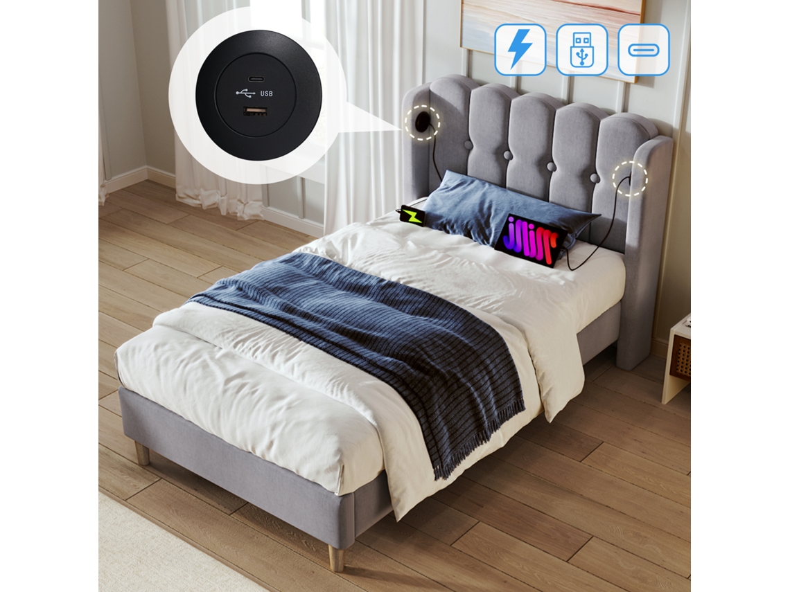 Cama Gris De 90x200 Con Usb-c