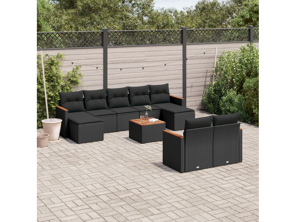 Conjunto de sofá de jardín de 10 piezas con cojines en mimbre sintético negro de DKD Home Decor