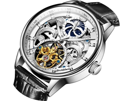 VEANXIN Reloj hueco para hombre de cuero fase lunar cuerda mecánica automática reloj luminoso impermeable(negro)