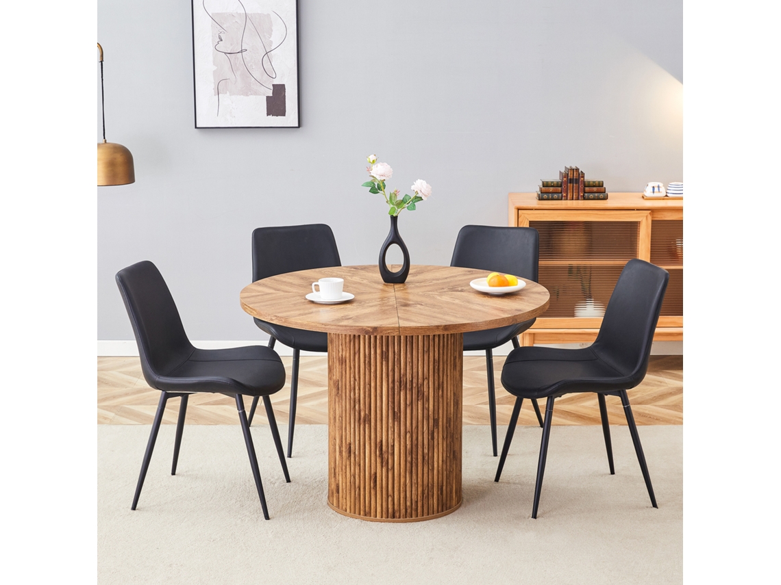 Mesa Redonda De Mdf De 100 Cm Con 4 Sillas Tapizadas En Pu De Color Negro.