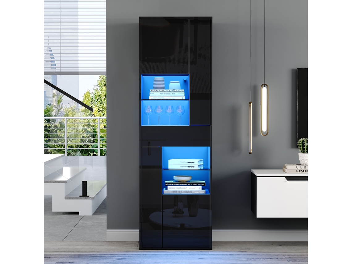 Vitrina De 55x38x170cm, 1 Cajón, 4 Armarios, Led Brillante, Color Negro.