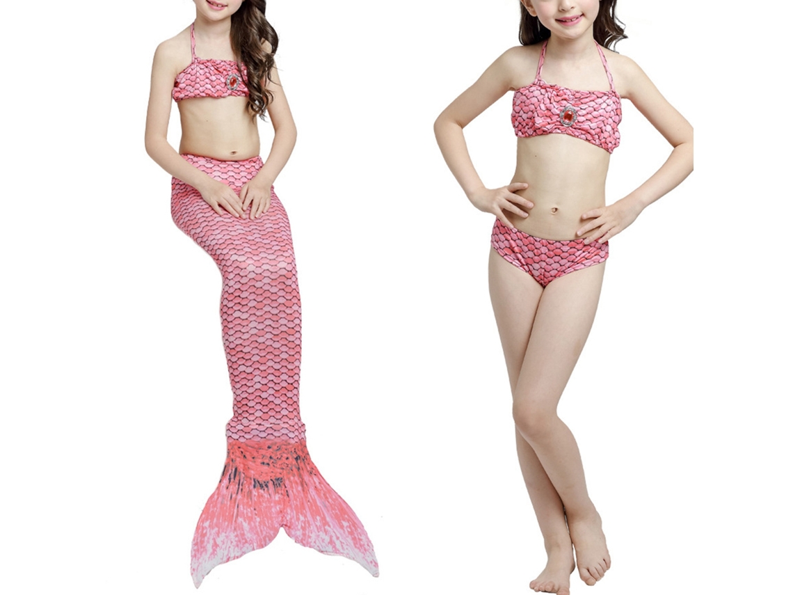 2026rebe-traje De Baño 3 Piezas Para Niña Con Cola De Pez, Cuello Halter, Ajustado, Rojo Sandía, 120cm