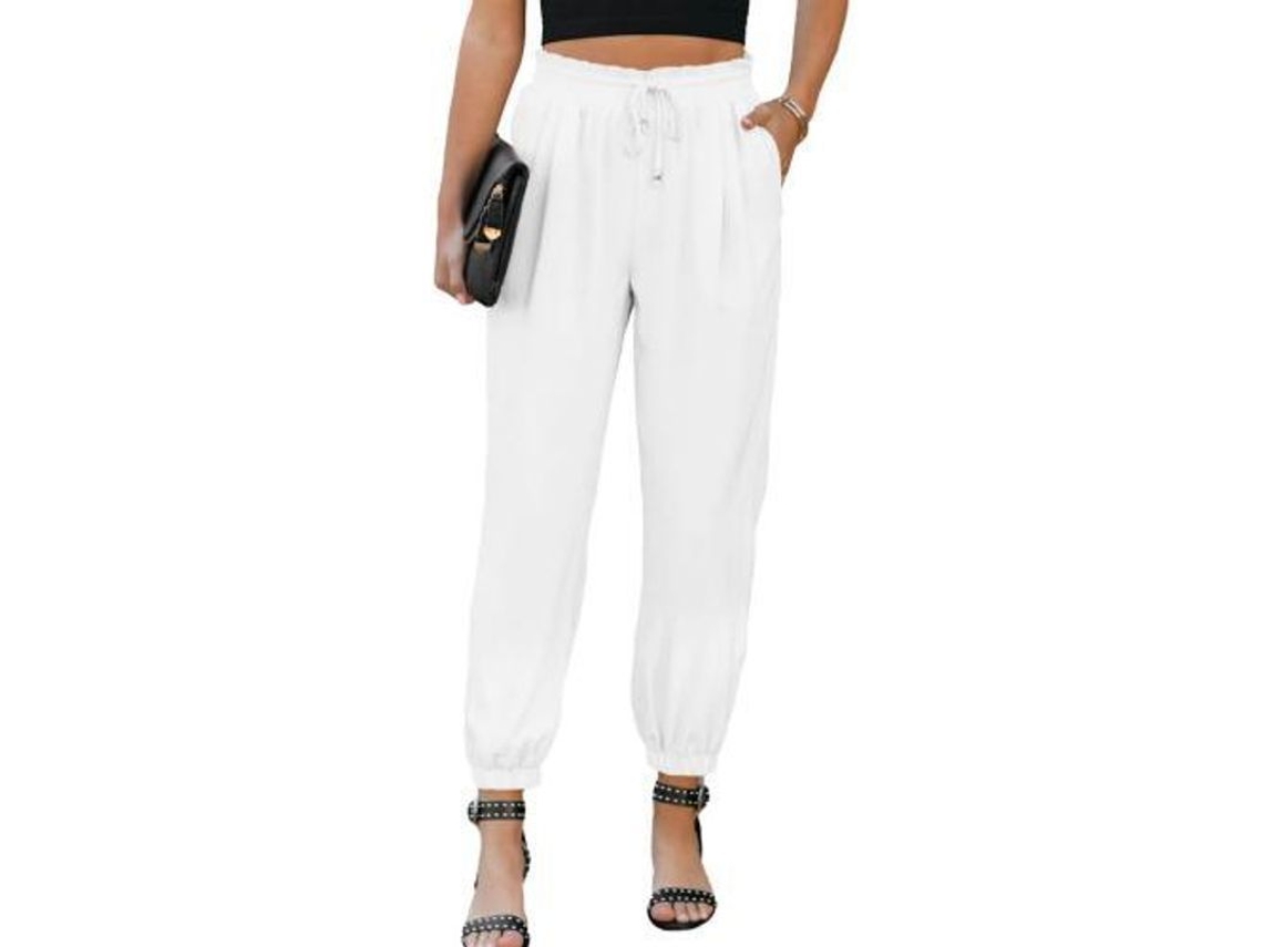 2026-pantalones Lino Mujer Casual Sueltos De Cintura Alta Elástica Con Cordón Y Bolsillos Confortables Xl Blanco