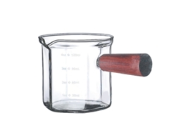 HYMNORA Vaso Dosificador de Vidrio 120ml Transparente con Mango de Madera, Pico Único, Dosificador Triple para Leche, Café o Té