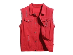 2026-chaleco Vaquero Casual Para Hombres Con Rasgaduras Clásico Camionero Sin Mangas Botones Talla S-xl M Rojo