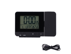 Reloj de proyección Baok negro con pantalla LCD, visualización de hora y temperatura, carga USB, multifuncional para uso doméstico.