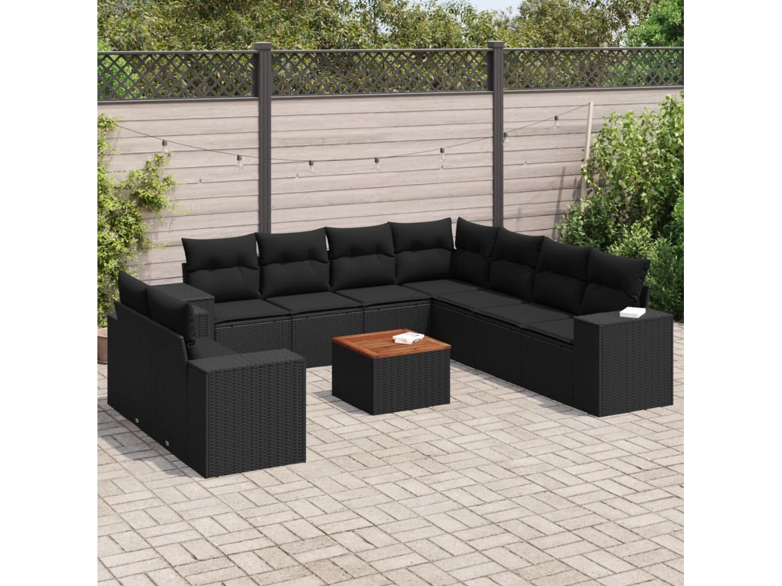 Conjunto de sofá de jardín de 10 piezas con cojines en mimbre sintético negro de DKD Home Decor