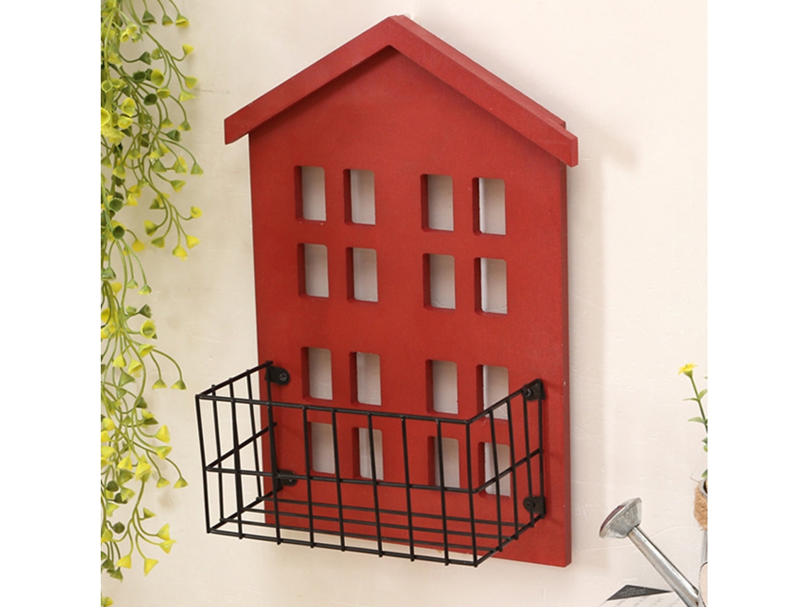 Baok - Estante de pared de madera hecho a mano con forma de casa, colgante para dormitorio y sala de estar, rojo
