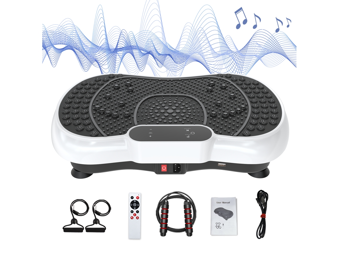 Plataformas vibratorias con 99 niveles de intensidad y 5 preprogramas. Racingreat con cuerdas de tensión y cuerdas de saltar para un entrenamiento de cuerpo completo. Color blanco.