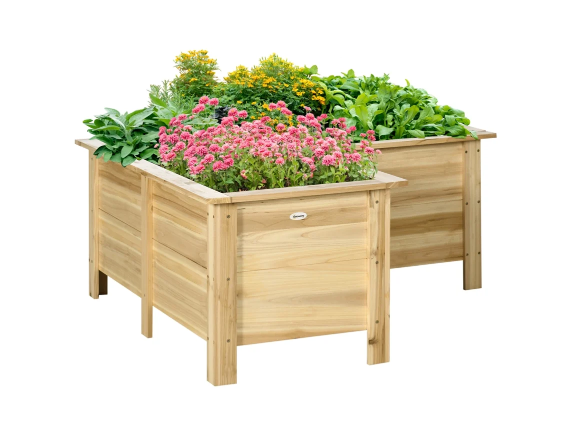 Macetero de madera en forma de L, con cubierta de tela no tejida, para jardín urbano, 120x120x50, natural.