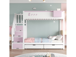 Litera infantil de 90 x 200 cm con diseño de conejo y zanahoria, balda extraíble, escalera de seguridad y cajones, color blanco y rosa, Mobrio