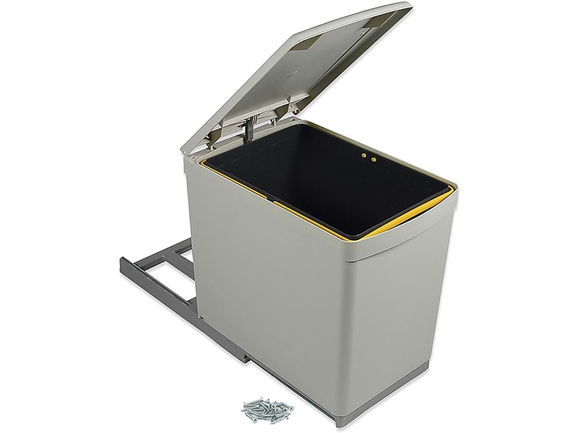EMUCA Cubo de Basura Reciclable de Fijación en el Fondo y Extracción Manual en el Mueble de la Cocina 1 X 16 Litros y Tapa Automática - Plástico - Gris