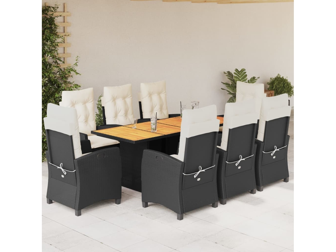 Juego de comedor de jardín de 9 piezas con cojines de mimbre negros de DKD Home Decor