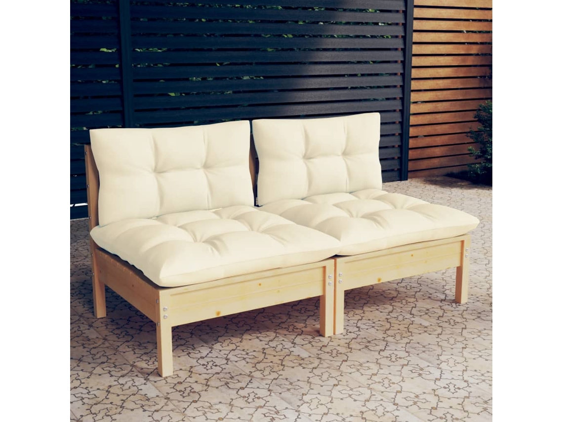 Sofá LOVELY HOME Relax de Jardín 2 Plazas con Cojines de Color Crema de Madera Maciza de Pino (60 x 32 x 5 cm)