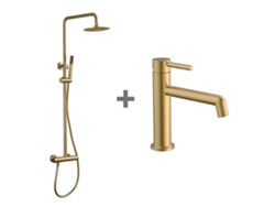 Grifo monomando para lavabo y columna Kibath Gold, acabado en oro cepillado en latón.