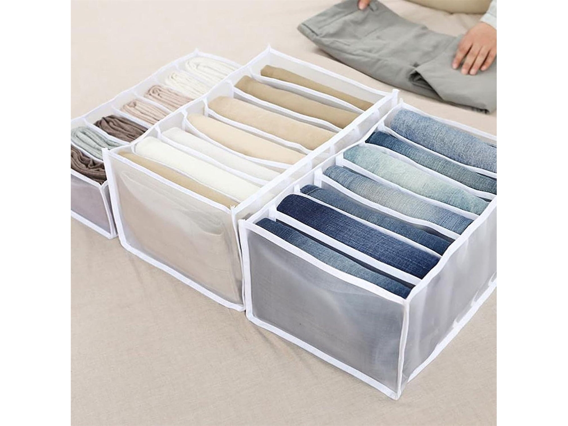 Caja para guardar vaqueros con compartimento, armario, cajón y divisor de malla, color blanco, 7 compartimentos