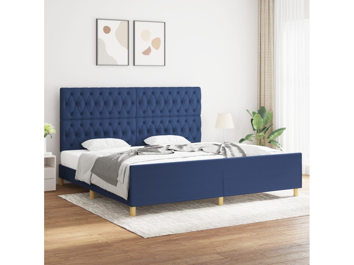 Estructura De Cama Con Cabecero De Tela Azul 200x200 Cm