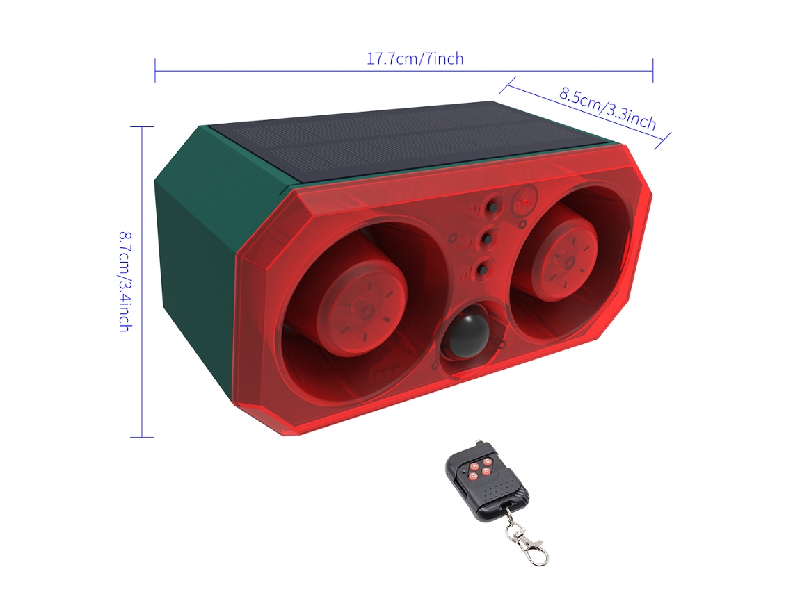 Alarma con sensor de movimiento solar para exteriores con control remoto, altavoz dual de 130 dB, grabación de 13 sonidos y volumen ajustable, luz detectora de movimiento