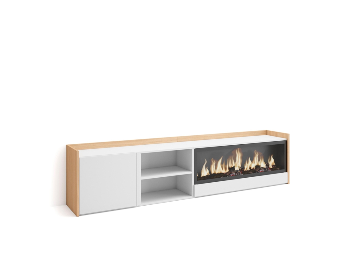 Mueble para TV, 212x35x50cm, para televisores de hasta 80'', chimenea eléctrica XXL, blanco y roble claro.