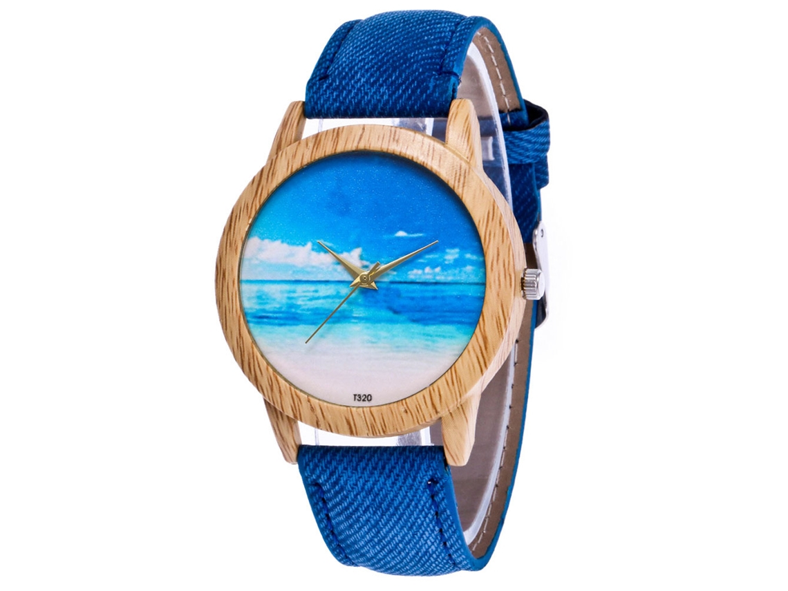 Reloj De Pulsera Unisex Zhoulianfa, Estampado Playero, Correa Vaquera, Cuarzo Azul.