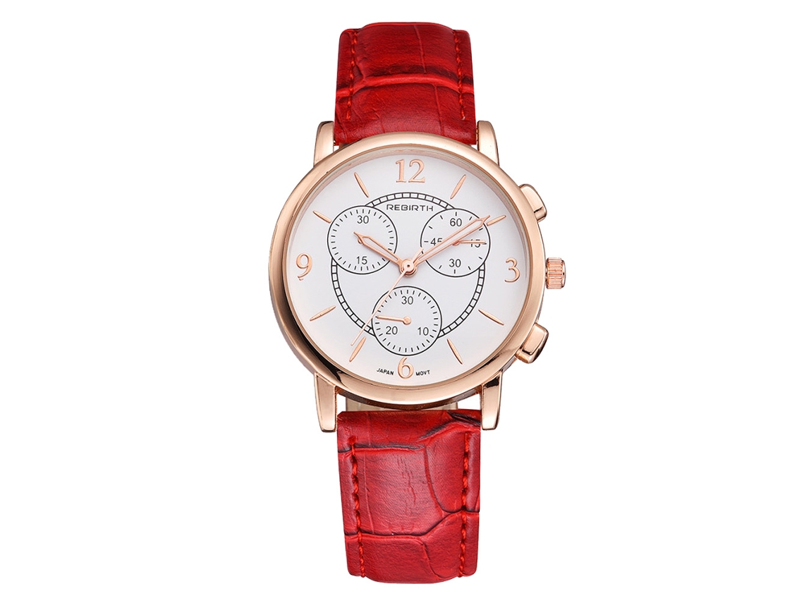 Reloj Analógico De Cuarzo Con Correa Redonda De Piel Sintética Rebirth Alliage De Acero Inoxidable Rojo