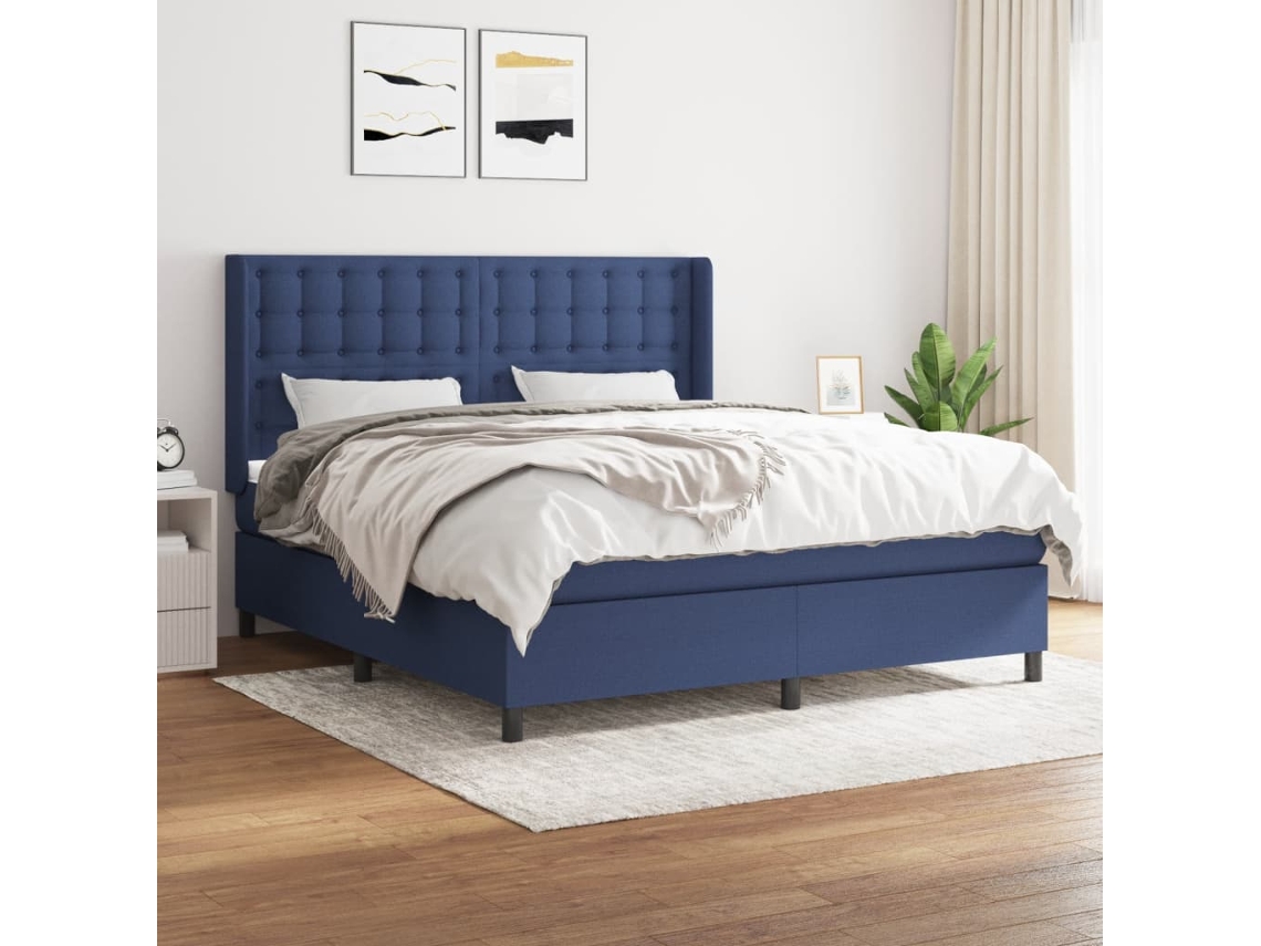 Cama Box Spring Con Colchón Tela Azul 160x200 Cm