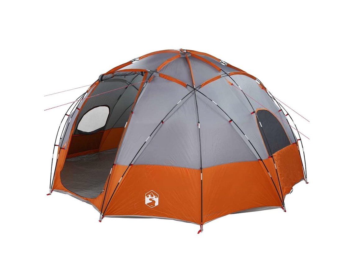 Tienda de campaña gris y naranja de poliéster, 475 x 475 x 235 cm.