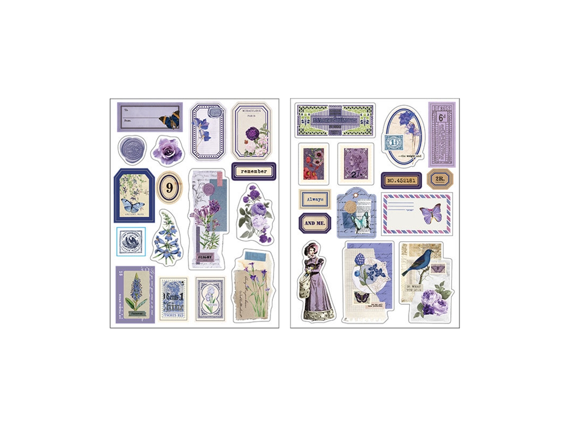 2 hojas de pegatinas vintage altas para agenda, decoración, cuaderno, scrapbooking y portátil. Color morado.