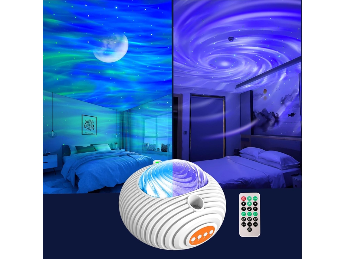 Luz nocturna de doble efecto Ikikso, proyector de 14 colores y ruido blanco, temporizador y control remoto (blanco)