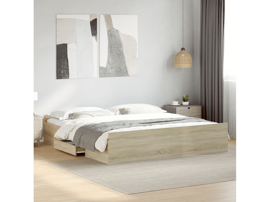 Cama De Matrimonio | Cama Para Adultos | Cama Con Cajones Madera Ingeniería Roble Sonoma 200x200 Cm
