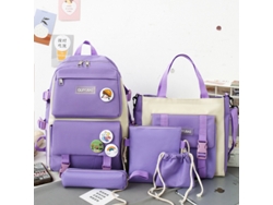 Mochila de gran capacidad para estudiantes, juego de cinco piezas, color violeta.
